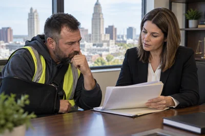 An injured Buffalo-area worker reviews updated medical records with an attorney after a work injury worsens.