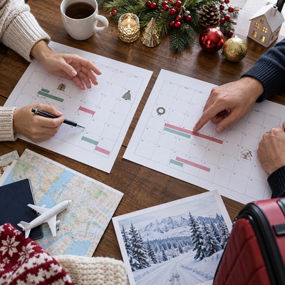 Two parents review a holiday parenting calendar in a New York home.