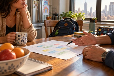 Two parents review a colorful school-year calendar with a child’s backpack nearby.